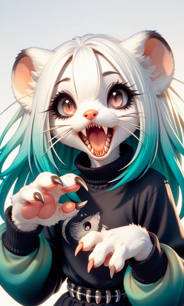 score_9, score_8_up, score_7_up, source_furry, round ears, (gradient eyes:2), (paws:1.3), OMTW1, open mouth, sharp teeth, bright eyes, sharp nails, body fur, gradient hair, eyeliner, small claws, radiant eyes