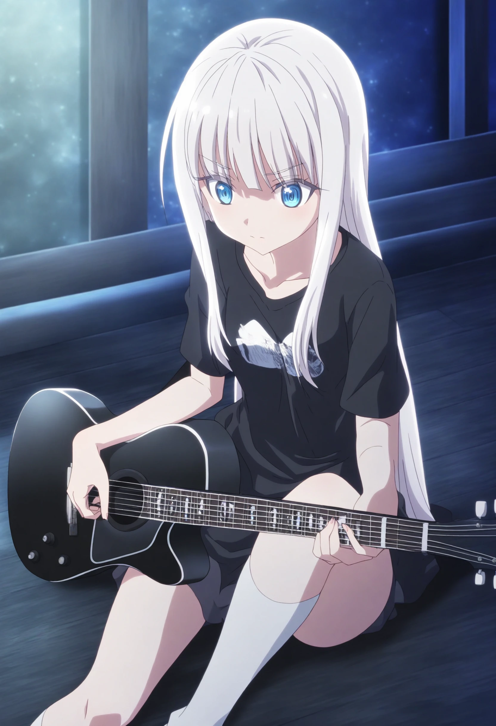 <lora:Mira - [She Professed Herself Pupil of the Wise Man] - illustriousXL v1.0:1>, sysdeep_mira,  white hair, blue eyes, graphic tee, sitting, on the floor, playing guitar, night