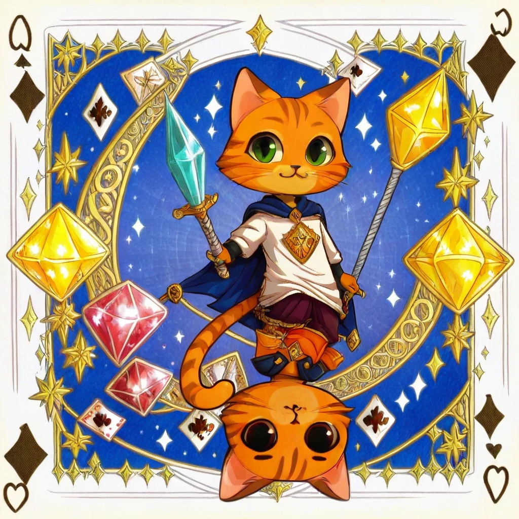 diamond (shape), The joker card, cape, no humans, sword, staff, holding, card, tarot, two cats, solo