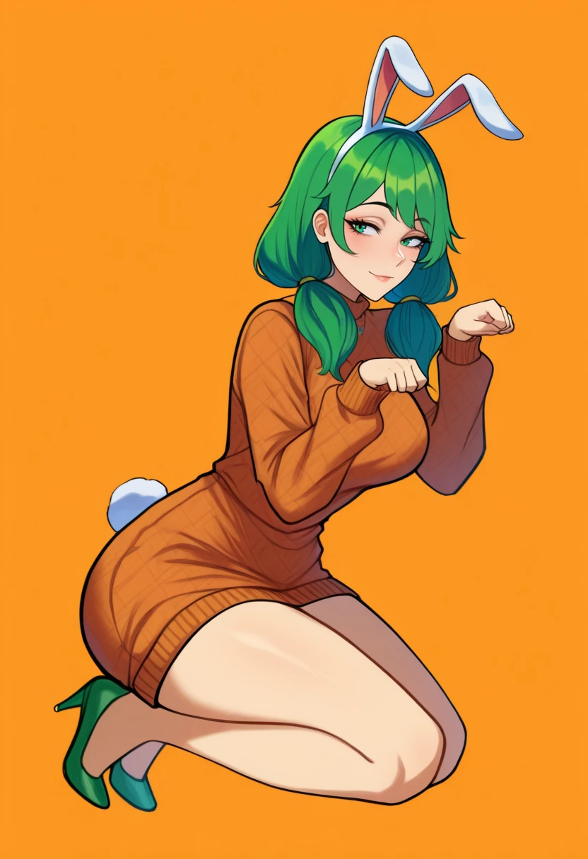 masterpiece, best quality, 1girl, solo, <lora:NSCarolineStardew:1> NSCarolineStardewIllu, green hair, twintails, green eyes, mature female, sweater dress, brown sweater, carrot pattern, simple background, orange background, bunny ears, bunny tail, full body shot, paw pose, bunny tail