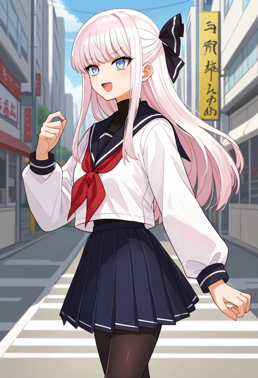 <lora:Saotome_Annin:0.8>, score_9, score_8_up, score_7_up, source_anime, BREAK, multicolored eyes, aqua and light pink colored eyes, white hair, long hair, black hair ribbon, sidetail, Saotome_Annin, white long sleeves sailor uniform, black pleated skirt, sailor collar, red neckerchief, open mouth, standing in city, pantyhose, cowboy shot,