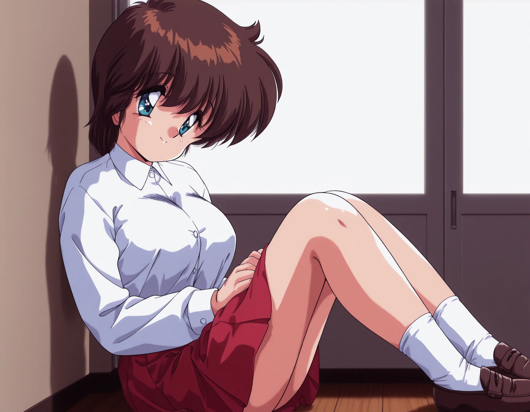 1girl, solo, 
<lora:Wakaba_Mina_Gomenne_Mina-chan_Illustrious_v2:1.0>, wakaba_mina_v2, large breasts, aqua eyes, blue eyes, brown hair, short hair, bangs, hair between eyes, sidelocks, white shirt, long sleeves, pleated skirt, red skirt, white legwear, loafers, 
smile, happy,  
best quality, ultra-detailed, masterpiece, finely detail, highres, amazing quality, very aesthetic, absurdres, general, recent, newest,