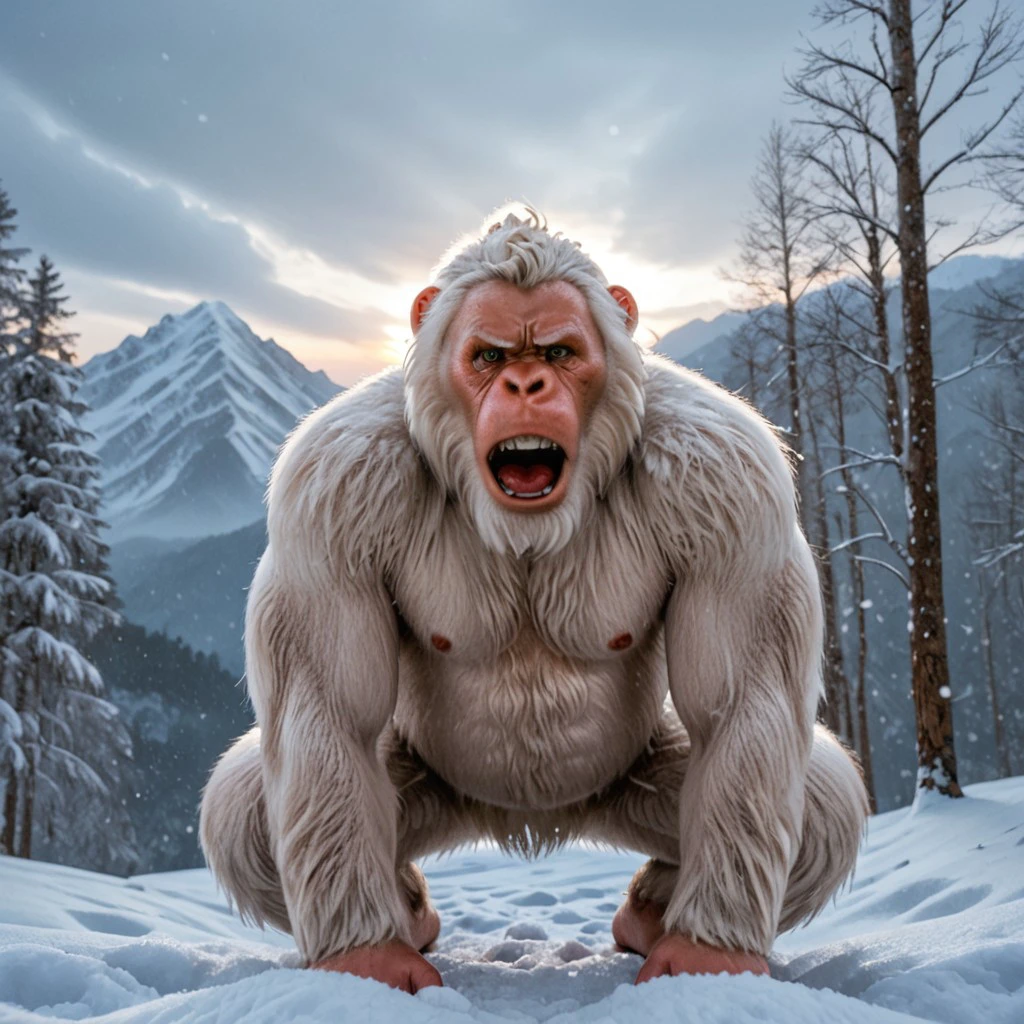 white fur, yeti, abominable snowman, big teeth, primate-like face, snowing, winter background, mountain, sunset, full body shot, shadows, details, fur details, trees, overcast, cave, standing, front facing, looking at viewer