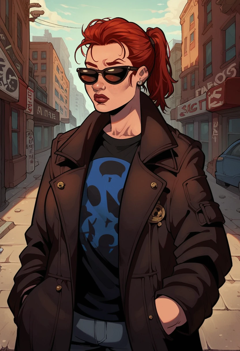 score_9,score_8_up,score_7_up, 1girl, solo,  sulfs-p2d00d, red hair, sunglasses, coat, black shirt, pants, blue print,
city streets, hands in pockets, walking, upper body,
<lora:Postal_Dude_Clothings__Character_Postal_2:0.8>,   <lora:Artist_Style_-_James_LeMay_Norse_PDXL:0.8>