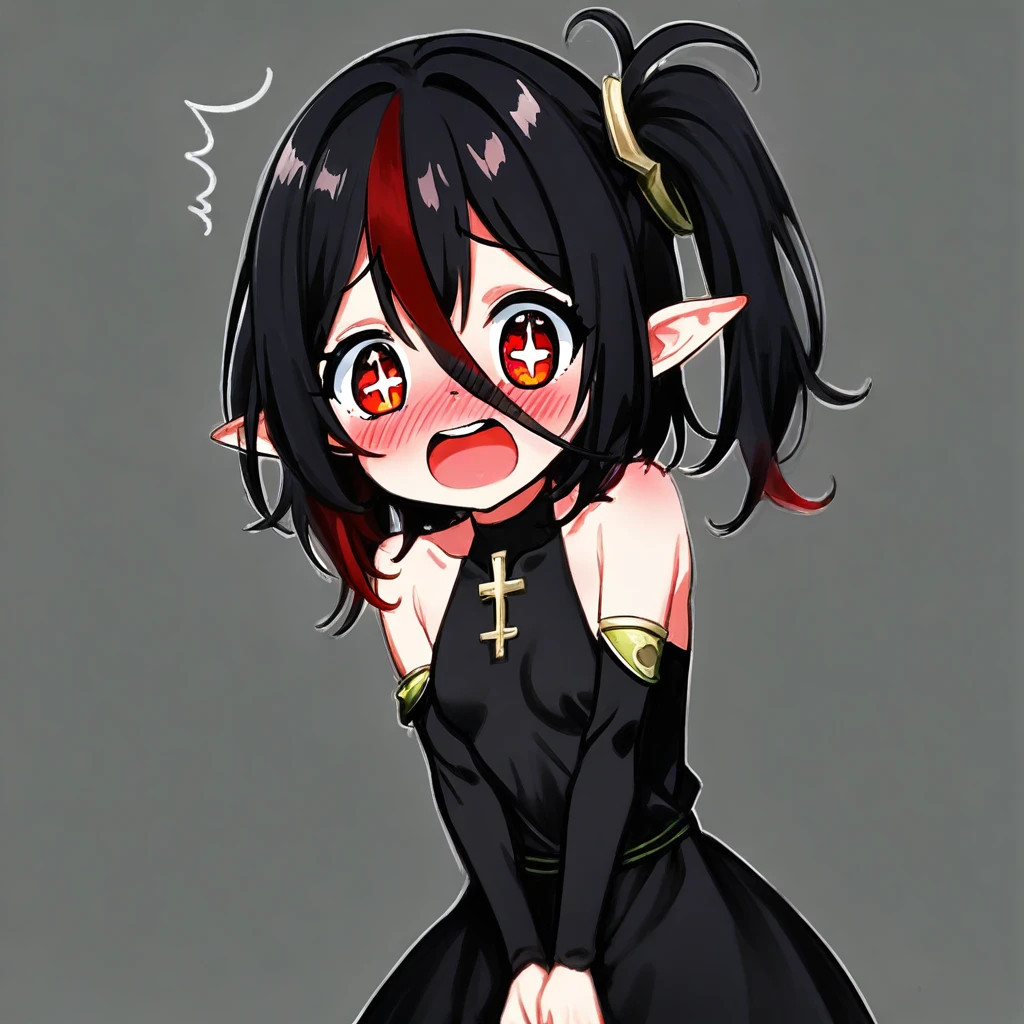 [score_9, score_8_up, score_7_up, score_6_up, score_5_up, score_4_up::0.2],  BREAK white background, full body view,  BREAK 1girl, solo, red eyes, cross-shaped_pupils, elf, pointy ears, +_+,  Black hair, multicolored hair, streaked hair, red hair, hair between eyes, side ponytail,  shy, blush, nose blush, open mouth, flustered, upper teeth only,  collarbone, small breasts,  hair ornament, sleeveless dress, black dress, detached sleeves,  looking at viewer, v arms, looking down,