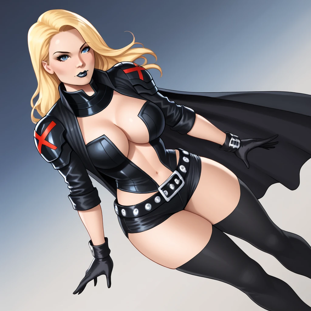 <lora:emmafrostmarvelnow_pony_v1:1> EmmaFrostMarvelNow, 1girl, solo, , blonde hair, black thighhighs, blue eyes, black gloves, cleavage, navel, black lipstick, makeup, short shorts, belt, long hair, cape, center opening, black shorts, , lips