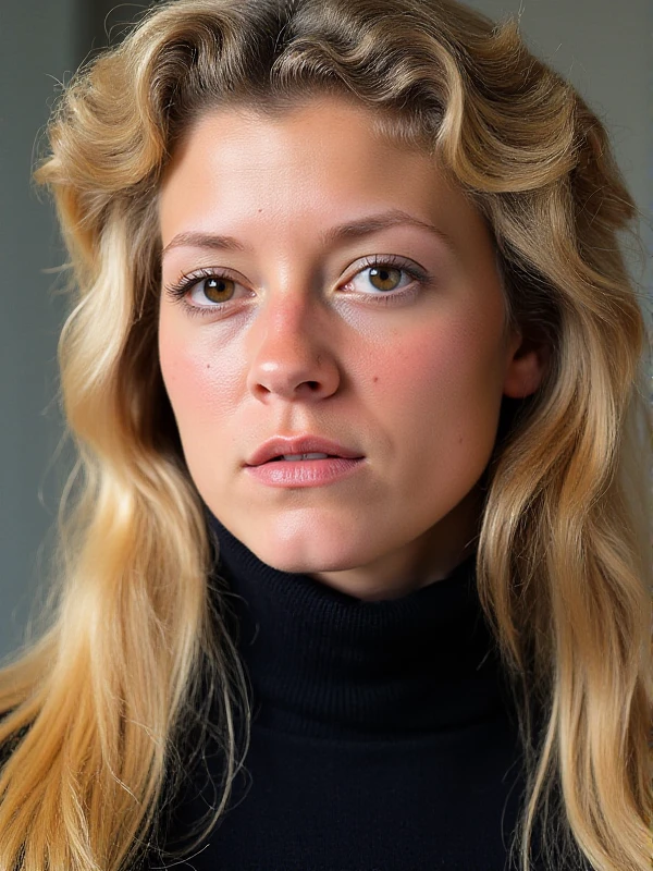 <lora:Dawn_Knudsen:0.9> dawn knudsen, a woman, , long hair, blonde hair. freckles. turtleneck. closeup face portrait