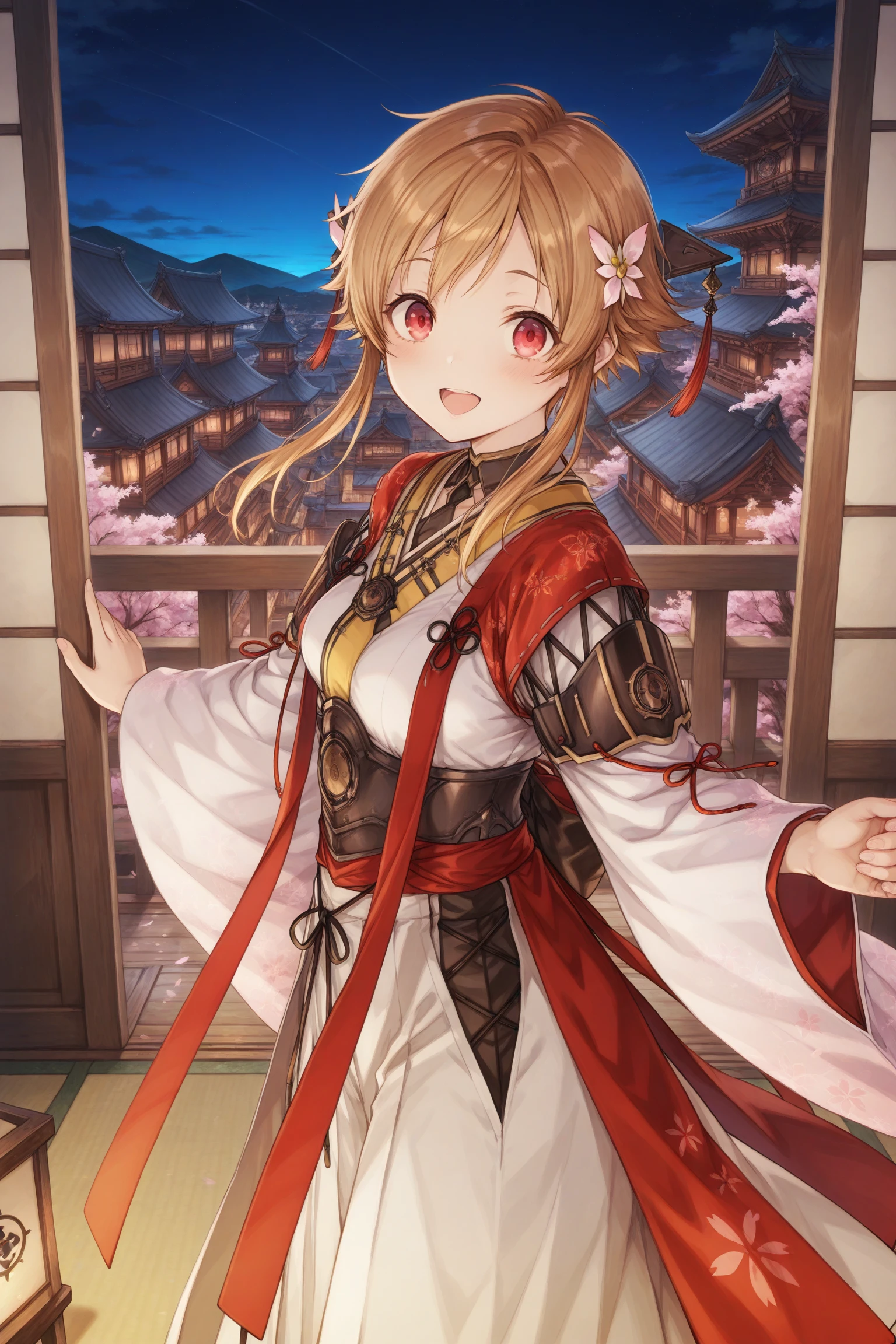 masterpiece, best quality, amazing quality, highres, absurdres, very aesthetic, high resolution, ultra detailed, perfect details, 1girl, indoors, smile, medium breast, mira, brown hair, short hair, short hair with long locks, sidelocks, hair ornaments, red eyes, long sleeves, wide sleeves, japanese clothes, onmyouji, white hakama, tabi, okobo, <lora:Mira:0.8>, (cowboy shot:1.6), (night:1.5), spead arms, smile, open mouth, from side, from above