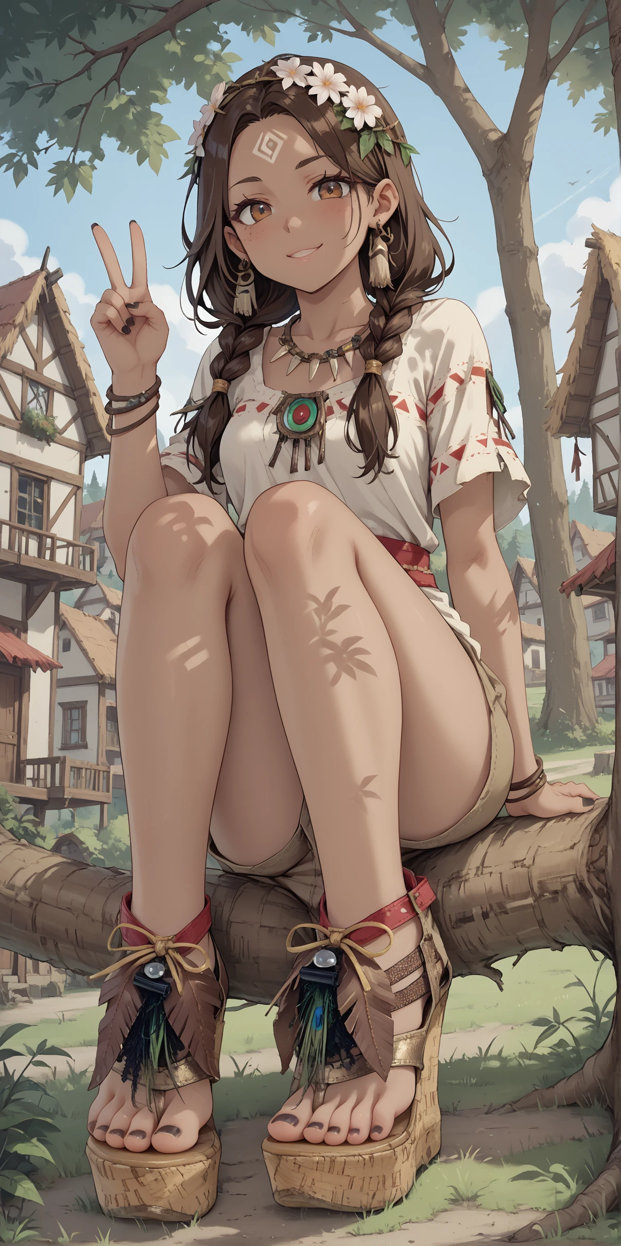 score_9, score_8_up, score_7_up, score_6_up, source_anime,
1girl, 
brown hair, 
dark skin,
tribal,
sitting in tree, sitting on tree branch, legs dangling,
feet, toes, black toenail polish,
(b0h0 heels), platform footwear,
(forest:0.9), town, village,
looking at viewer, v,
hippie tunic, frayed brown shorts, 
embedding:zPDXLrl ,
embedding:zPDXL2 ,