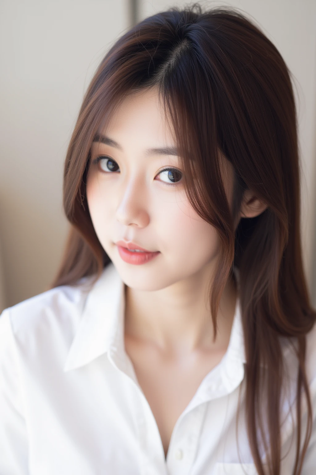 a close up of a woman with long hair wearing a white shirt,seductive_smile,
