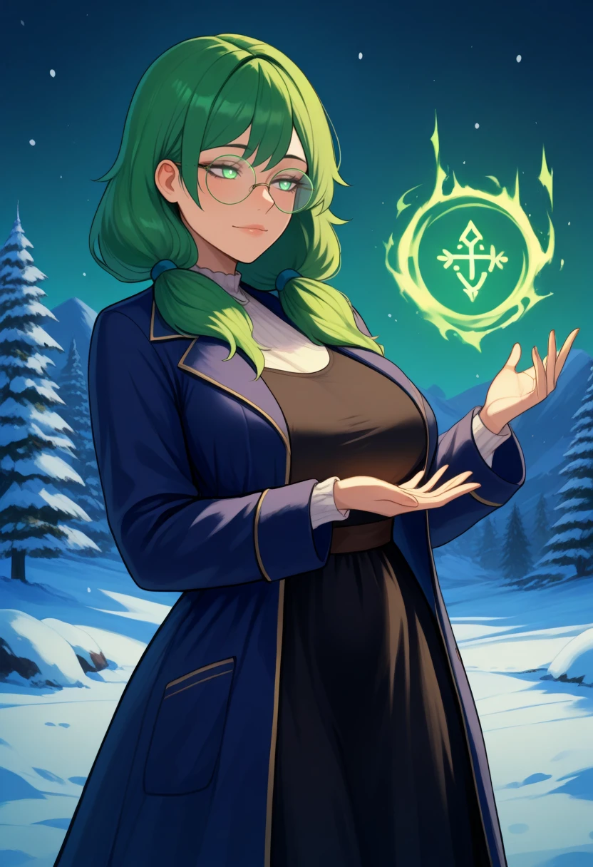 masterpiece, best quality, 1girl, solo, <lora:NSCarolineStardew:1> NSCarolineStardewIllu, green hair, twintails, green eyes, mature female, dark blue coat, glow, magic, round eyewear, black dress, magic runes, snow, outdoors, night