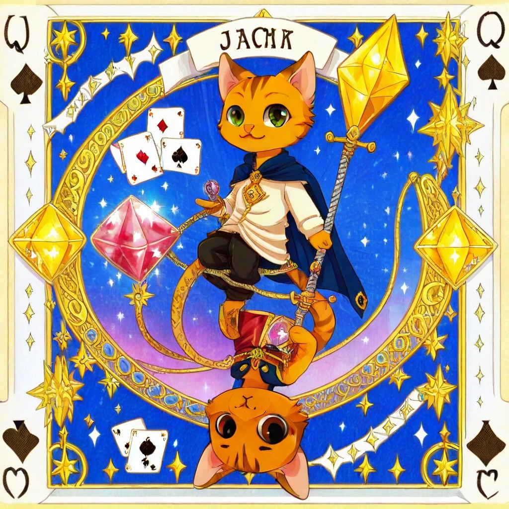 playing card, smile, tail, cape, upside-down, tarot, the joker card, staff, card, sword, solo