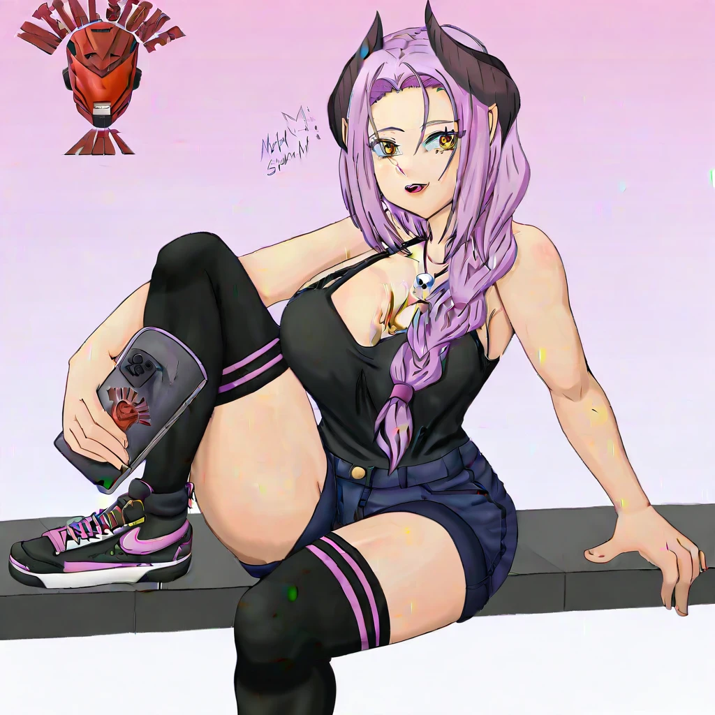 r0ygunb3lph3g0r,Roygun Belphegor,Roygun Belphegor (high school dxd), 1girl, solo, long hair, breasts, looking at viewer, smile, open mouth, large breasts, shirt, thighhighs, holding, cleavage, jewelry, sitting, yellow eyes, pink hair, purple hair, braid, horns, shoes, shorts, artist name, black thighhighs, necklace, black shirt, short shorts, single braid, phone, demon girl, cellphone, tank top, denim, demon horns, sneakers, hair over shoulder, holding phone, denim shorts, black tank top, black camisole