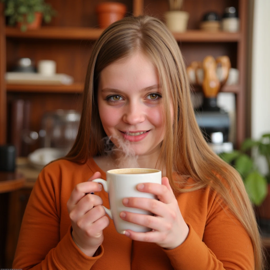 Y4da portrait photography of a young 20 year old woman, with natural makeup, holding a cup of coffee in a famous coffee shop, steam comes from the cup, the woman look at viewer and smiles. DOF, bokeh ,