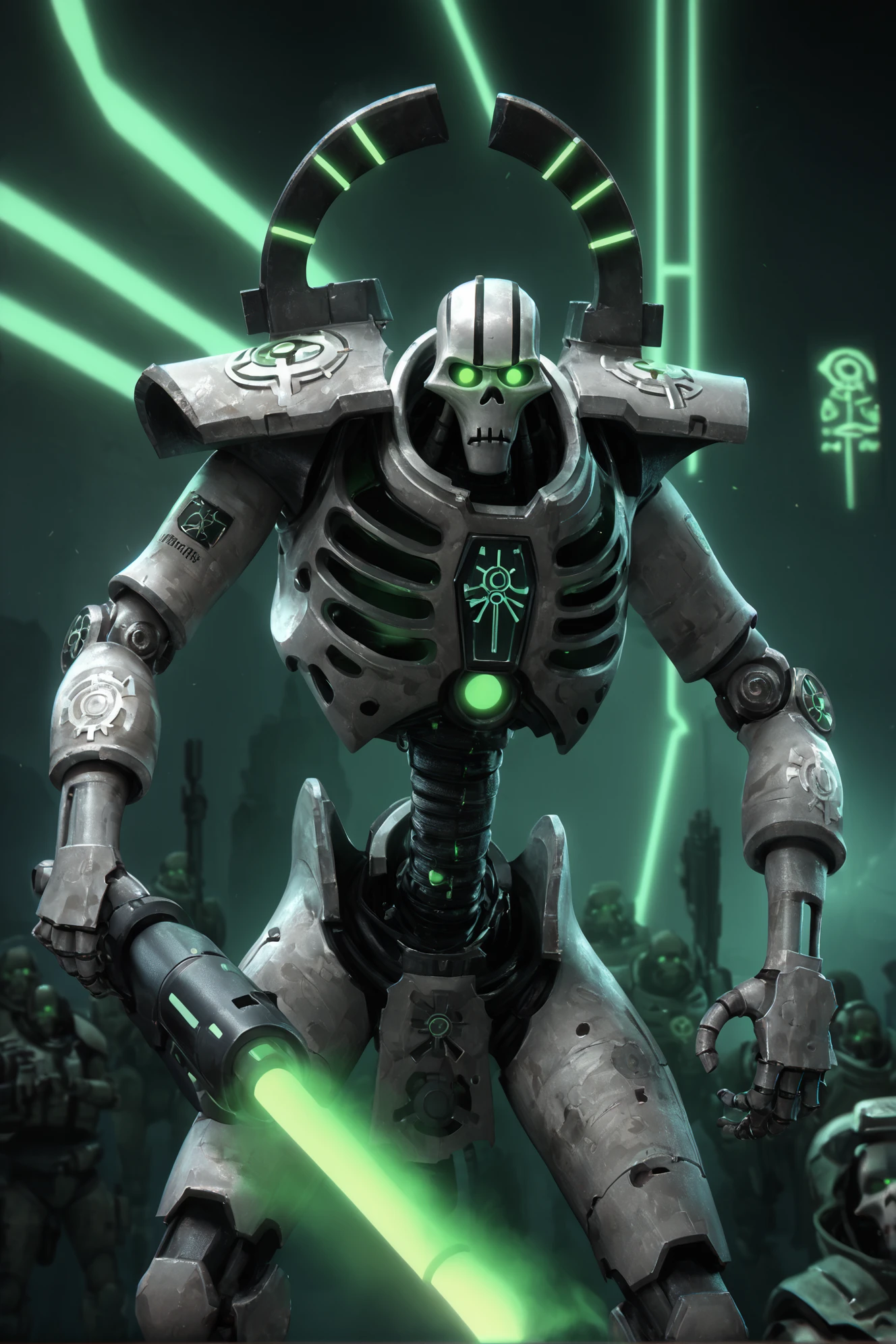 breathtaking AI Overlord Santa Necrons sitting on a throne, wearing cap, artificial intelligence, cybernetics, led lights, glowing ancient hieroglyphs all over the body, detailed piercing multicolored glowing eyes, scenery, detailed background, masterpiece, best quality, high quality, absurdres, green theme, TransformersStyle <lora:necrons_xl_v1:1> <lora:TransformersStyleXL:0.1> <lora:xl_more_art-full_v1:1> . award-winning, professional, highly detailed