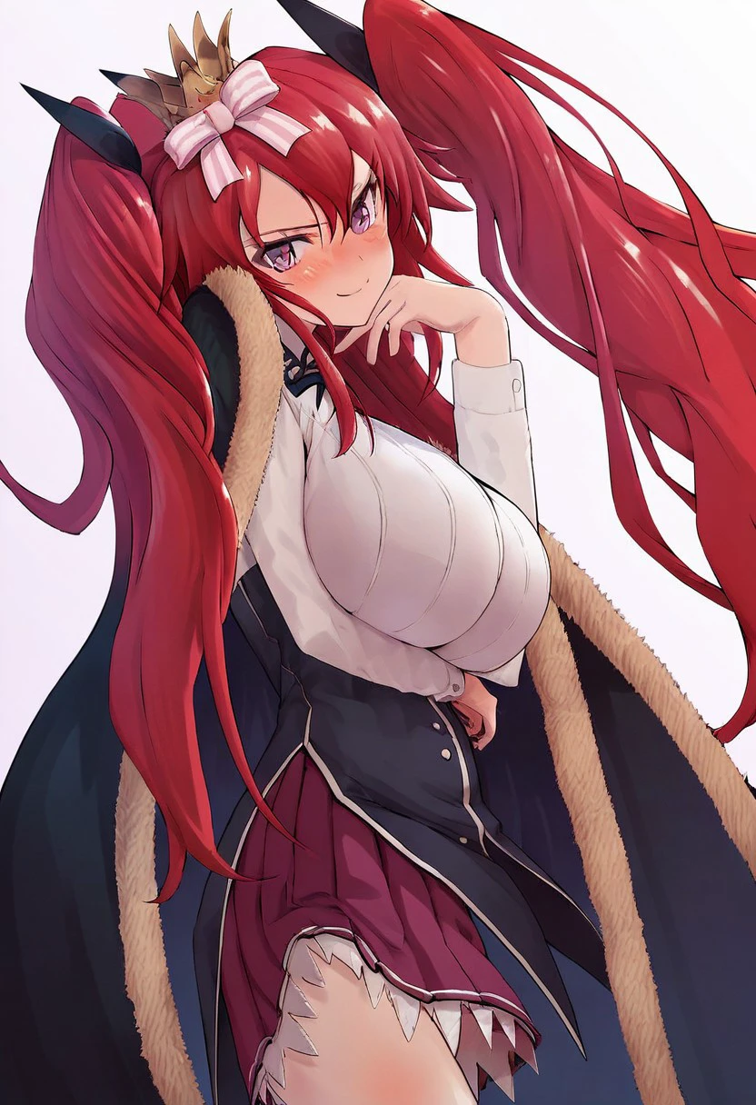 score_9, score_8_up, score_7_up, 
run34sgr3m0ry,Runeas Gremory,
 1girl, solo, long hair, breasts, looking at viewer, blush, smile, skirt, large breasts, simple background, shirt, hair ornament, long sleeves, white background, bow, ribbon, hair between eyes, twintails, very long hair, school uniform, purple eyes, hair ribbon, hair bow, red hair, pleated skirt, cape, crown, breast hold, striped bow, >:), mini crown, arm under breasts