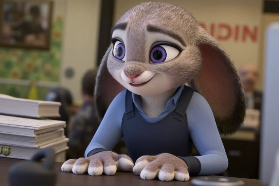 Judy Hopps, ohwx in the Zootopia precinct office, diligently working at her desk with a stack of case files and a focused look on her face.