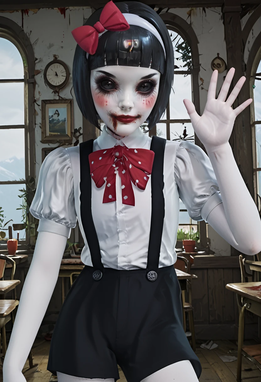 score_9, score_8_up, score_7_up, score_6_up, score_5_up, 1girl, <lora:Resentful_Puppet_-_Soul_Dossier_å°çµæ¡£æ¡:0.8> Resentful Puppet, black hair, short hair, bob haircut, blunt bangs, black eyes, black sclera, colored skin, pale skin, grey skin, blood, blood on face, makeup, red bow, hairband, hair bow, suspenders, white shirt, short puffy sleeves, black shorts, legs, thighs, horror (theme), creepy, dark, , slim legs, slim body, big eyes, female focus, fantasy, expressive, skindentation, 1female, masterpiece, 32K HD, beautiful attention to detail, detailed eyes, shiny skin, showing lots of skin, wide lens, perfect hands, perfect eyes, 3d, looking at viewer, zPDXL2, zPDXLxxx, expressionless, clothed female, indoors, school, cowboy shot, upper body, portrait, close up, waving, arms up