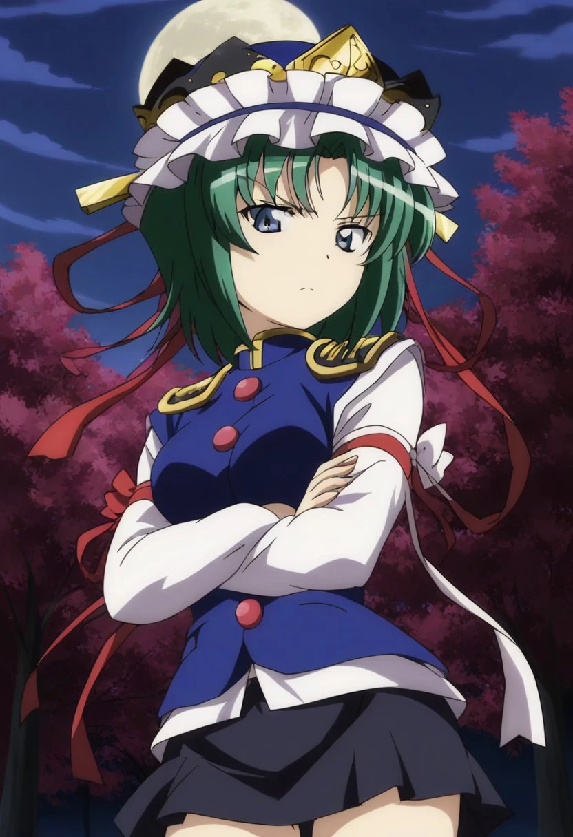 anime coloring, 1girl, solo, Eiki, Shiki Eiki, touhou, frilled hat, short hair, green hair, short hair, blue hat, blue eyes, blue vest, red, long sleeves, black skirt, white shirt, red ribbons, red buttons, standing, bare legs, crossed arms, center, looking at viewer, serious, sakura background, night, night time, moon, epaulettes, blue hat, partically clothed, standing, medium breasts, looking at viewer, closed mouth, source anime, anime screenshot.