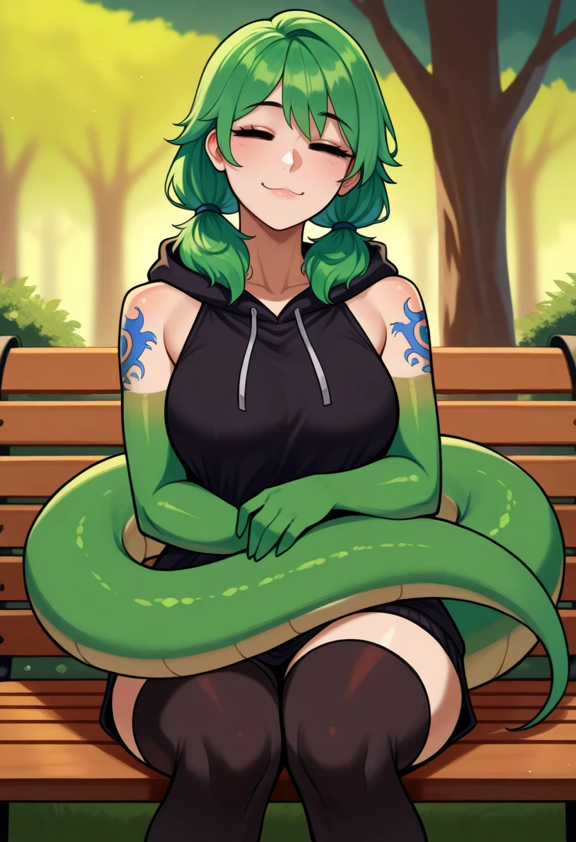 masterpiece, best quality, 1girl, solo, <lora:NSCarolineStardew:1> NSCarolineStardewIllu, green hair, twintails, short hair, mature female, light smile, lizard tail, =.=, :3, sitting, black thigh-highs, black hoodie, sleeveless, bare shoulders, animal hands, lizard arms, scaly neck, bench, park, shoulder tattoo, holding own tail