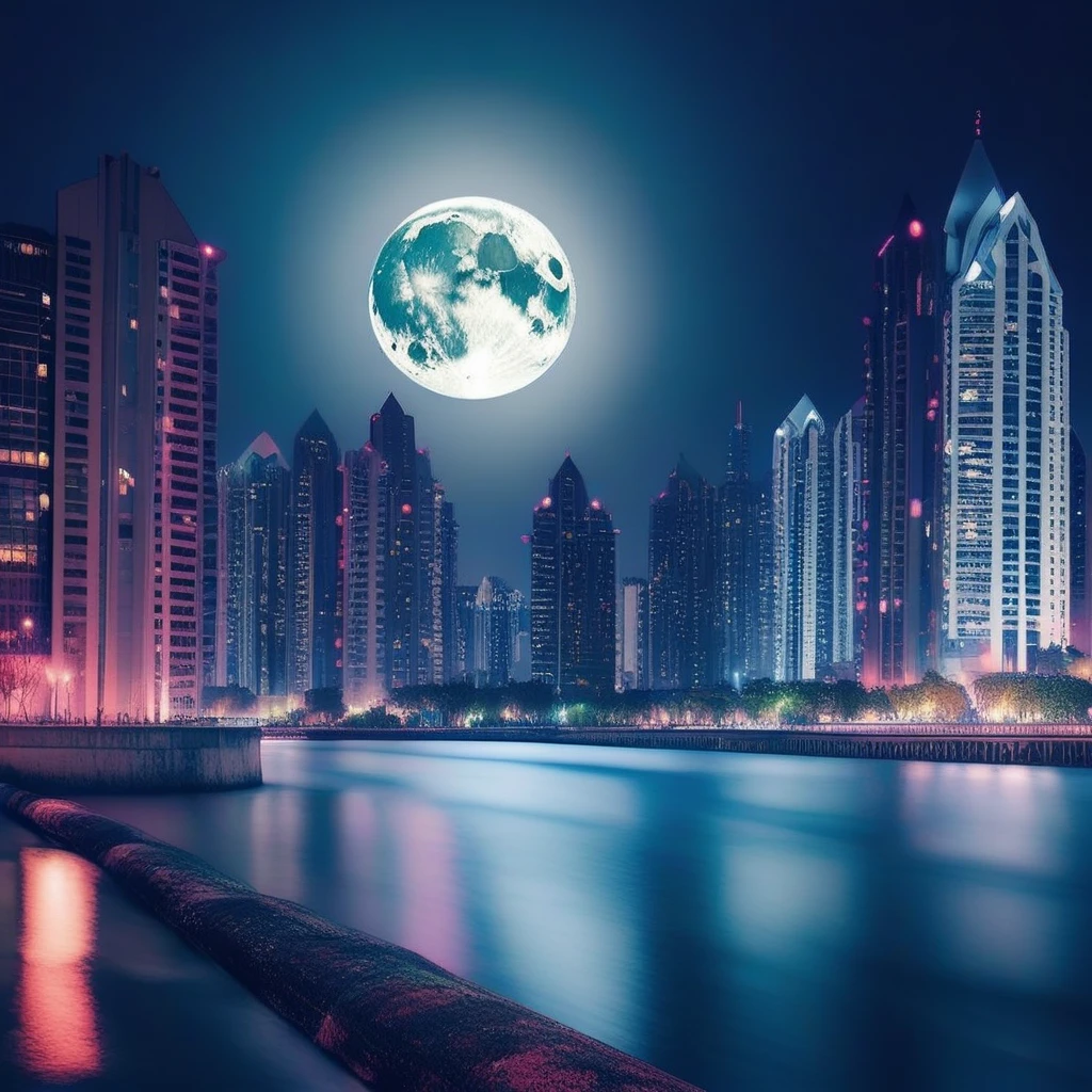 cityscape, water, moon