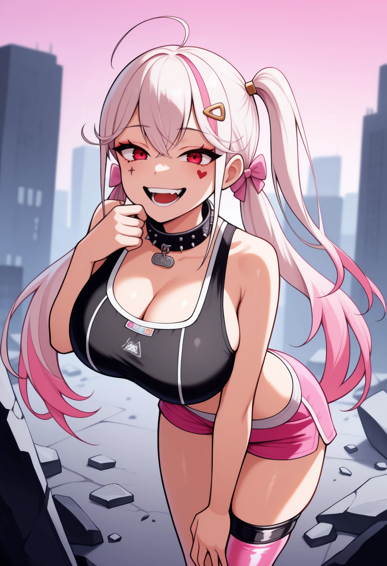 masterpiece, best quality, <break> solo, 1girl, nikkejackal, facial tattoo, heart tattoo, smile, open mouth, teeth, looking at viewer, standing, hand on own chin, streaked hair, white hair, pink hair, ahoge, side ponytail, low twintails, hair ornament, hairclip, hair bow, pink bow, black sports bra, pink shorts, short shorts, pink thighhighs, single thighhigh, black collar, spiked collar, cleavage, large breasts, outdoors, city, debris, rubble
<segment:yolo-face_yolov8m.pt,0.4,0.5//cid=1>