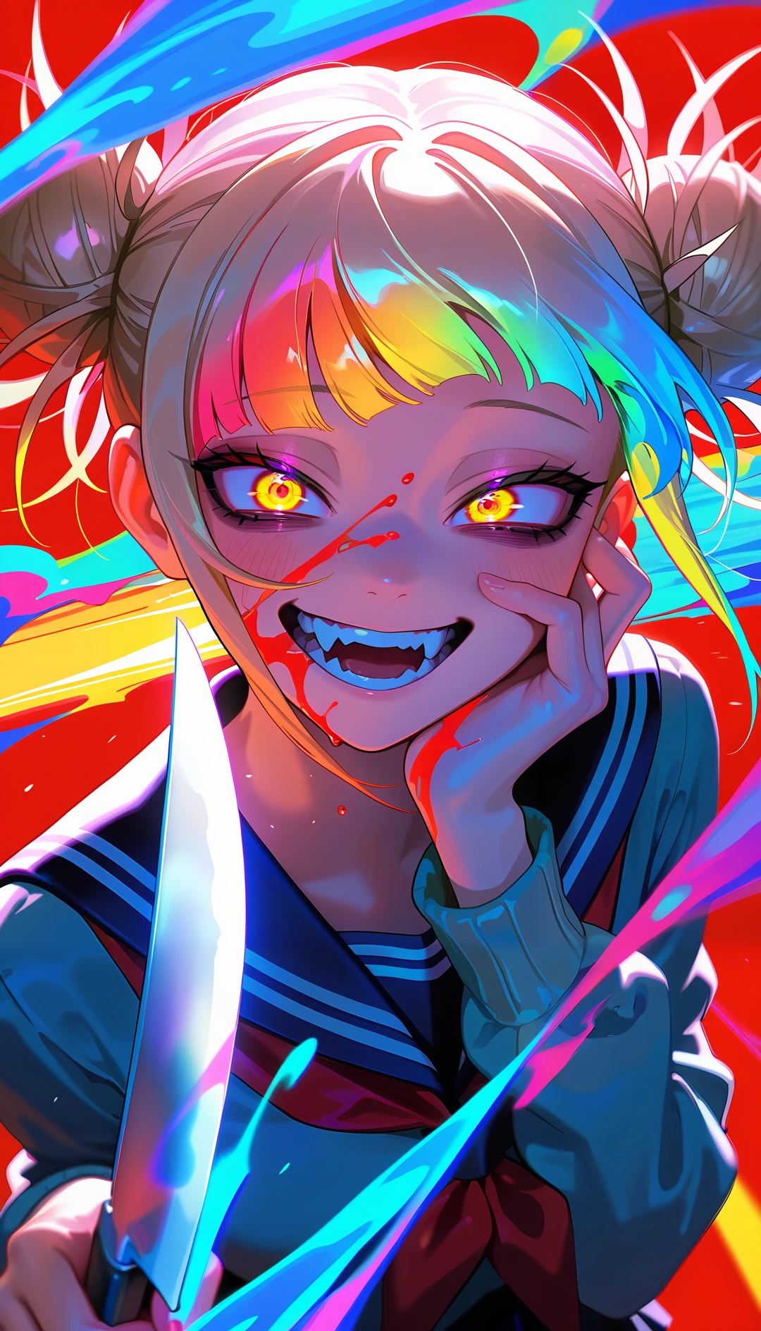 masterpiece, best quality, amazing quality, very aesthetic, absurdres,  newest, scenery,  1girl, toga himiko, teeth, open mouth, blood on face, smile, double bun,  crazy eyes, holding knife, hand on own cheek, upper body, school uniform, red background, backlighting, from above, dutch angle, , close-up, photorealistic, dutch angle, (colorful), from above, , masterpiece, best quality, amazing quality, very aesthetic, absurdres,  newest, scenery, volumetric lighting