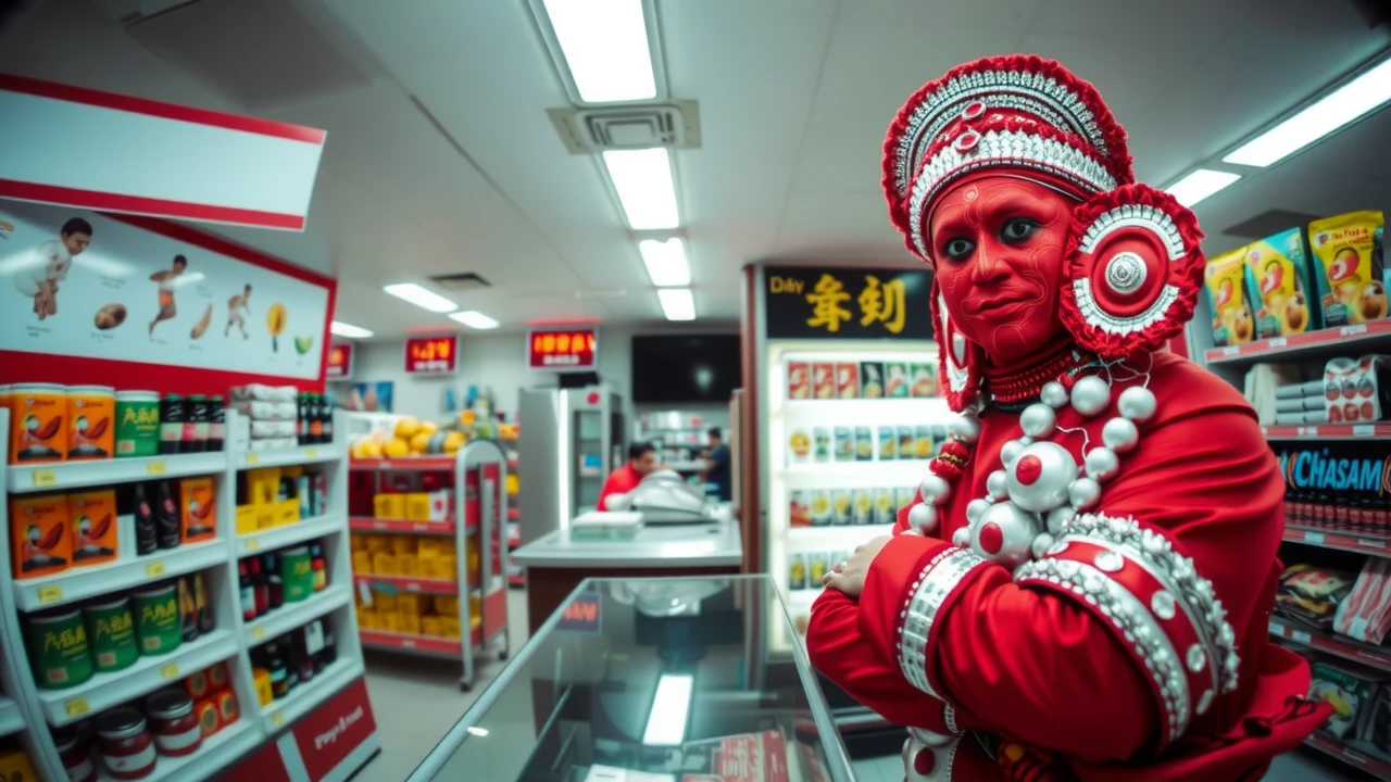 wide angle fish eye lens view from top left angle showing the view of an empty convenience store counter. theyyam performer wearing a full body red and silver costume with red face and body paint working at the counter