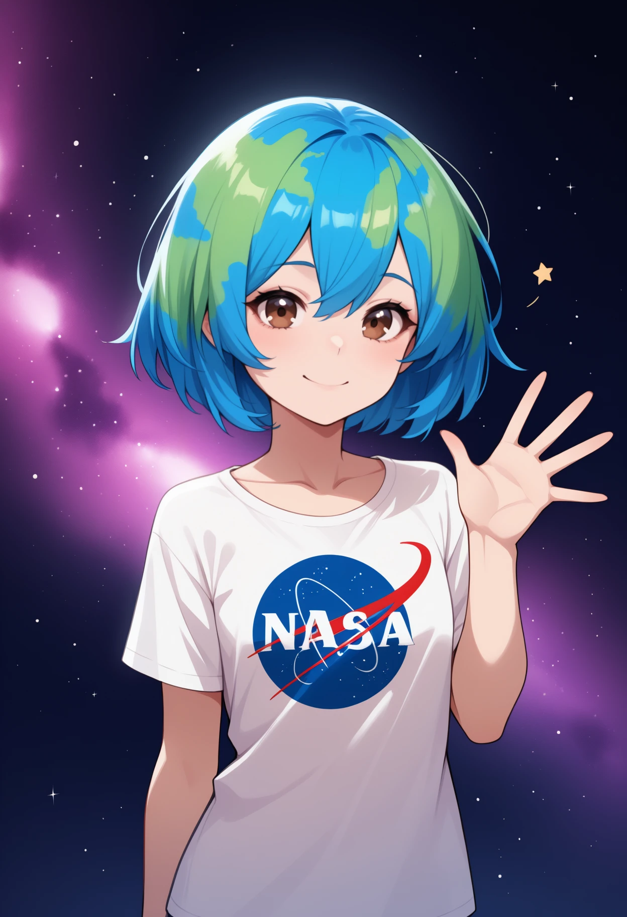 masterpiece, best quality, <break> solo, 1girl, erthchn, smile, looking at viewer, waving, short hair, two-tone hair, blue hair, green hair, hair between eyes, brown eyes, white shirt, t-shirt, print shirt, nasa logo, short sleeves, collarbone, space, star \(sky\), nebula
<segment:yolo-face_yolov8m.pt,0.4,0.5//cid=1>