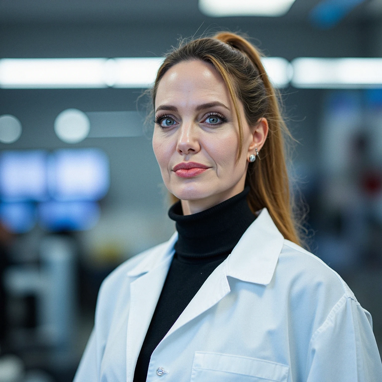 Realistic photography of a stunning modern woman pretty beautiful gorgeous blonde hair 30 yo Monica Bellucci wearing v neck red blouse as Research Scientist sitting on her working desk full of chemical thing inside biochemical research lab of pharmaceuticals and genetic engineering, curvaceous, wearing earrings necklace and bracelets,hourglass body,by Ana Dias, Hajime Sorayama and Helmut Newton.