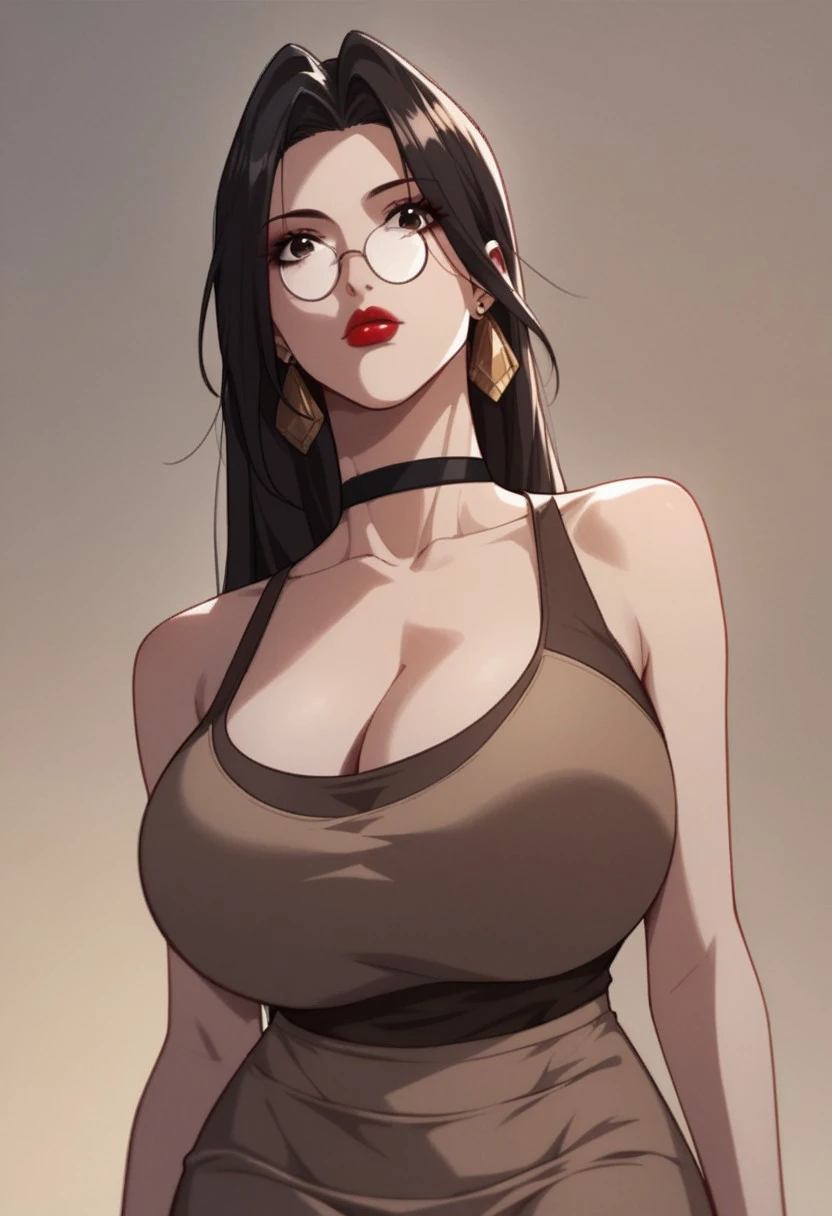 score_9, score_8_up, score_7_up, BREAK, LiRuobing, long hair, black hair, brown eyes, glasses, large breasts, red lips, red nails, makeup, CasualDressDark, earrings, black choker, cleavage, bare shoulders, black tank top, brown skirt, pencil skirt, 1girl, solo,