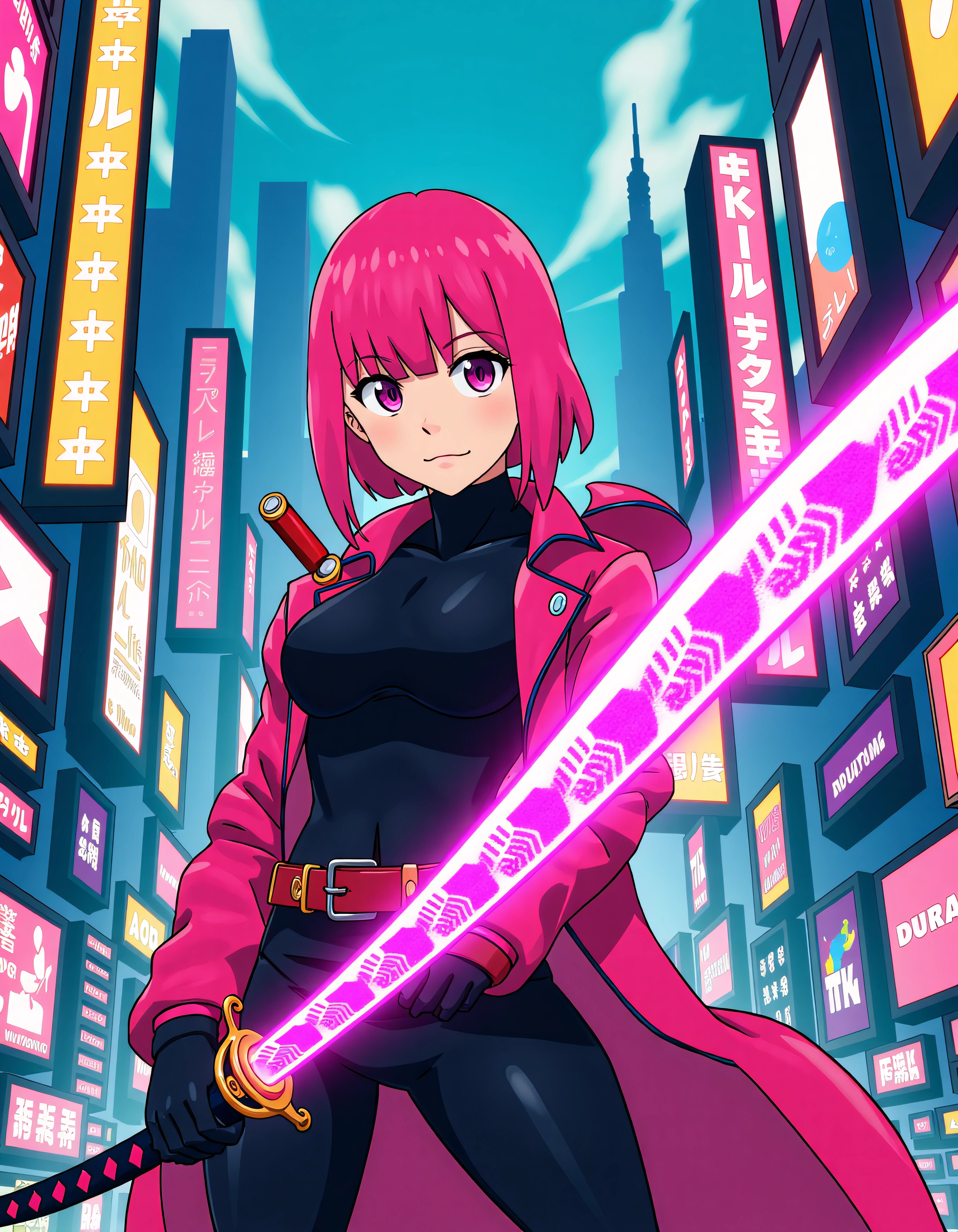 Vibrant and exaggerated aesthetics, anime style, a futuristic warrior with bright pink hair styled in a sleek undercut holds a glowing katana embedded with digital patterns. Her eyes are sharp and augmented with neon-like pupils that scan her surroundings. She stands in the middle of a city filled with holographic billboards and towering skyscrapers, ready for battle. The energy radiating from her katana forms a visual wave, creating an electrifying sense of anticipation in the scene. <lora:xlranime-sushio:1.0>