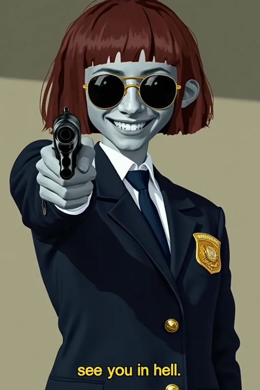 Angela,1girl,Gray skin,short brown hair. Half body, smiling, Angela in a police suit and sunglasses. Angela points a revolver at the viewer. Yellow subtitles that say "see you in hell"