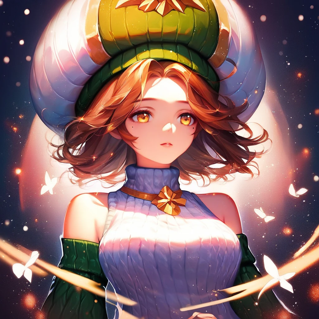 Sophie Dragalia, brown hair, short hair, yellow eyes, mole under eye, large breasts, wide hips, casualsophie, hat, collar, sweater, detached sleeves, bare shoulder, dress ,score_9, score_8_up, score_7_up, source_anime, 1girl, light particles, dramatical lighting, (detailed, light particles, dynamical lighting, masterpiece, beautiful art, beautiful eyes, beautiful face, delicate artwork), score_9, score_8_up, score_7_up, 1girl,