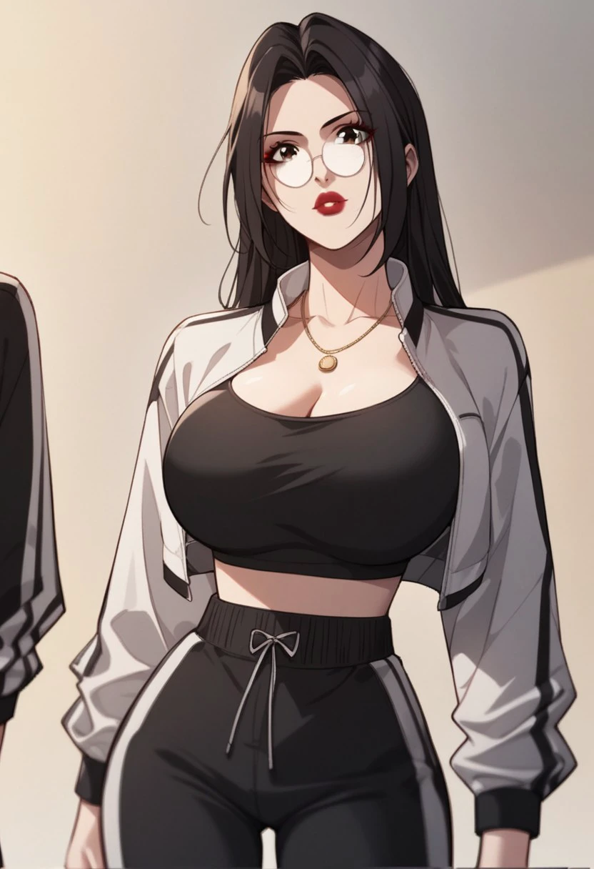 score_9, score_8_up, score_7_up, BREAK, LiRuobing, long hair, black hair, brown eyes, glasses, large breasts, red lips, red nails, makeup, LiSportwear, necklace, cleavage, cropped jacket, black crop top, black pants, track pants, 1girl, solo,