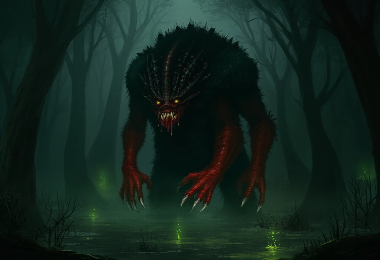 eldritch illustration of a towering, monstrous creature with a black, fur-covered body and grotesque, red, fleshy limbs ending in sharp claws. Its face is a nightmarish mix of spiked and scaled textures, with multiple rows of jagged teeth and drooling tentacles extending from its mouth. The creature stands in a misty, dimly lit swamp, surrounded by dark trees and glowing green lights that give the scene an eerie, otherworldly atmosphere.