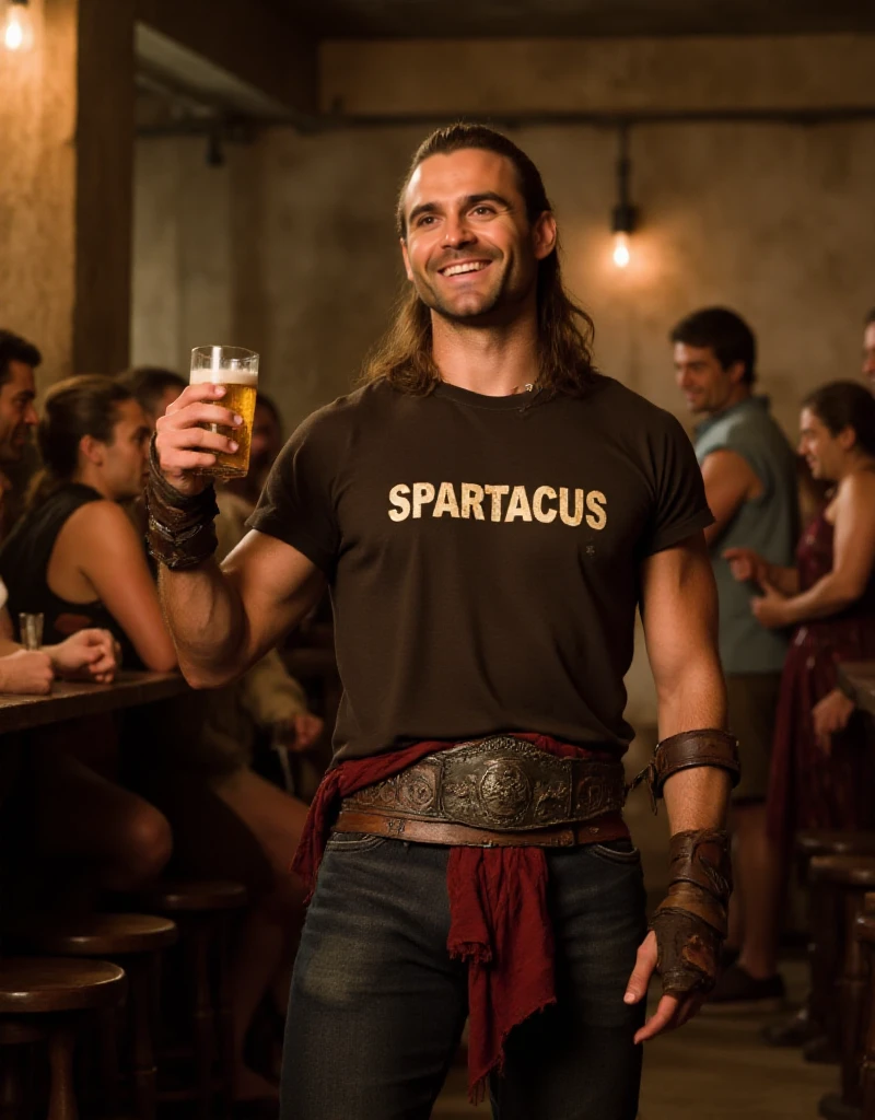 <lora:Gannicus:0.9> gannicus, facial hair, realistic, he wears a tshirt with the text "Spartacus" and a jeans. He is smilling and holding a beer in a antic tavern.