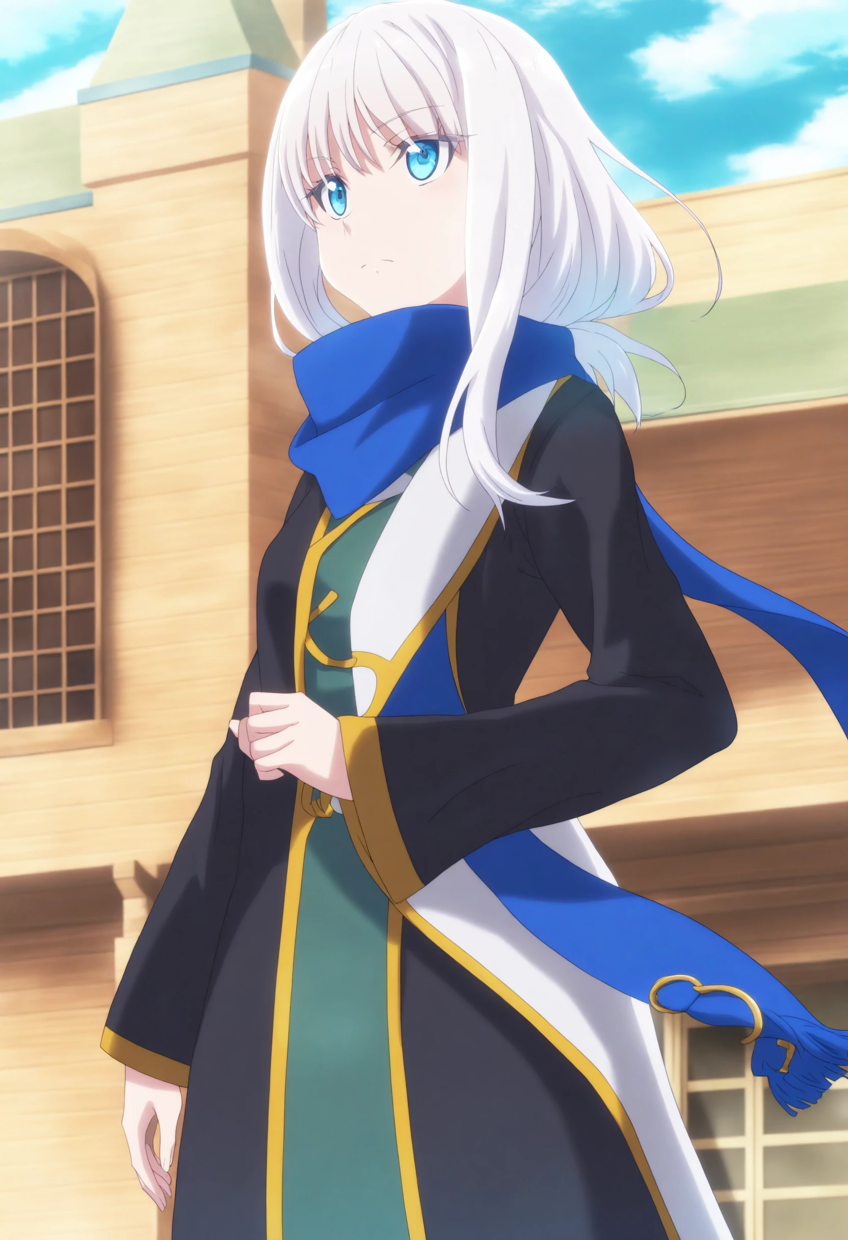 <lora:Mira - [She Professed Herself Pupil of the Wise Man] - illustriousXL v1.0:1>, sysdeep_mira,  white hair, blue eyes, scarf, standing, in the wind, looking away, day