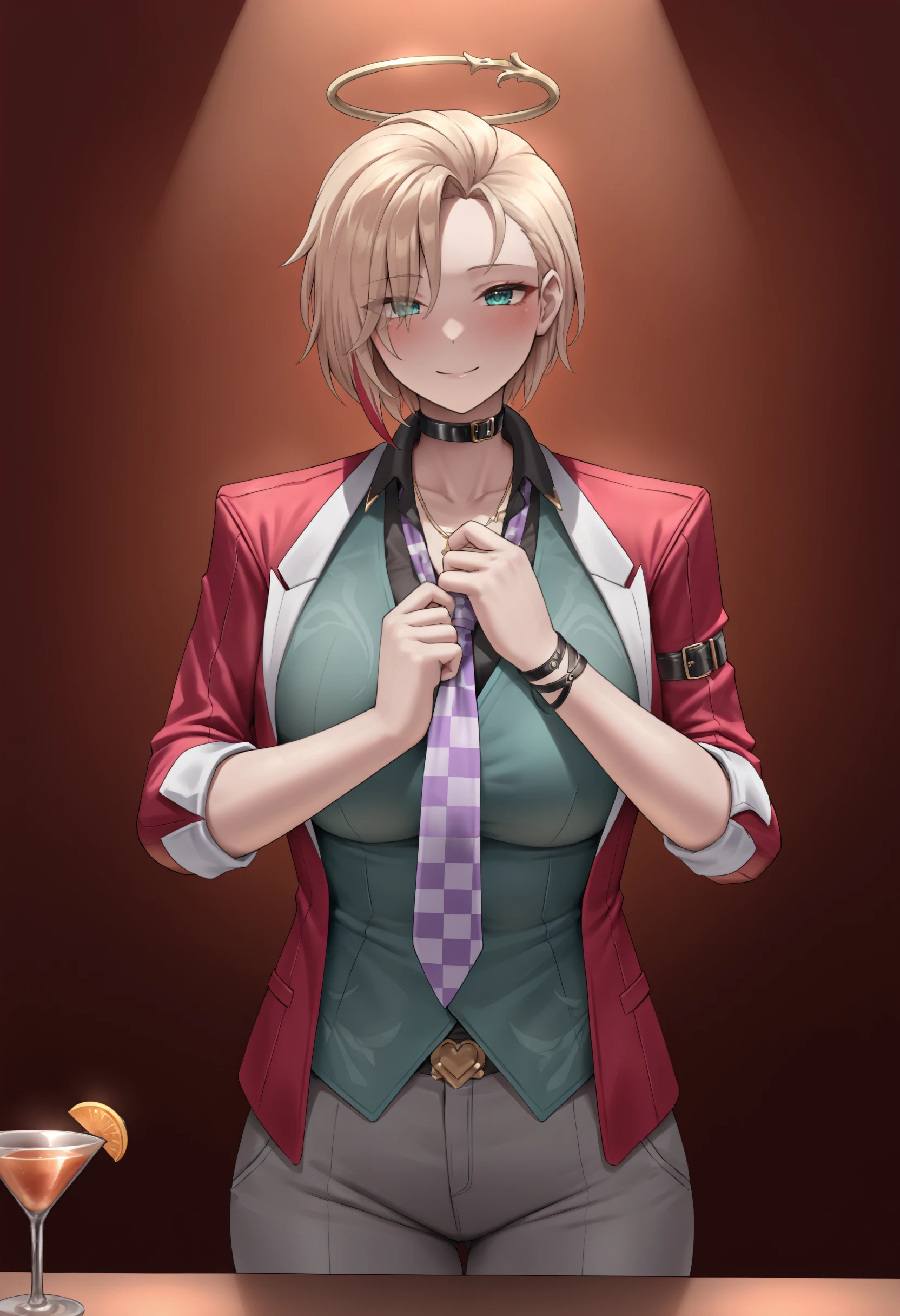 masterpiece, best quality, 1girl, solo,  jelosobh, blonde hair, streaked hair, red hair, asymmetrical hair, hair between eyes, short hair, aqua eyes, halo, black collar, necklace, black shirt, collared shirt, green vest, red jacket, checkered necktie, purple necktie, loose necktie, heart-shaped buckle, open jacket, arm belt, sleeves rolled up, bracelet, belt, grey pants, cowboy shot, adjusting necktie, cocktail glass, straight on, bar \(place\), looking at viewer, smile<segment:yolo-Anzhc Face seg 640 v2 y8n.pt,0.4,0.3//cid=1><segment:yolo-Anzhc Breasts Seg v1 1024m.pt,0.4,0.3//cid=2>