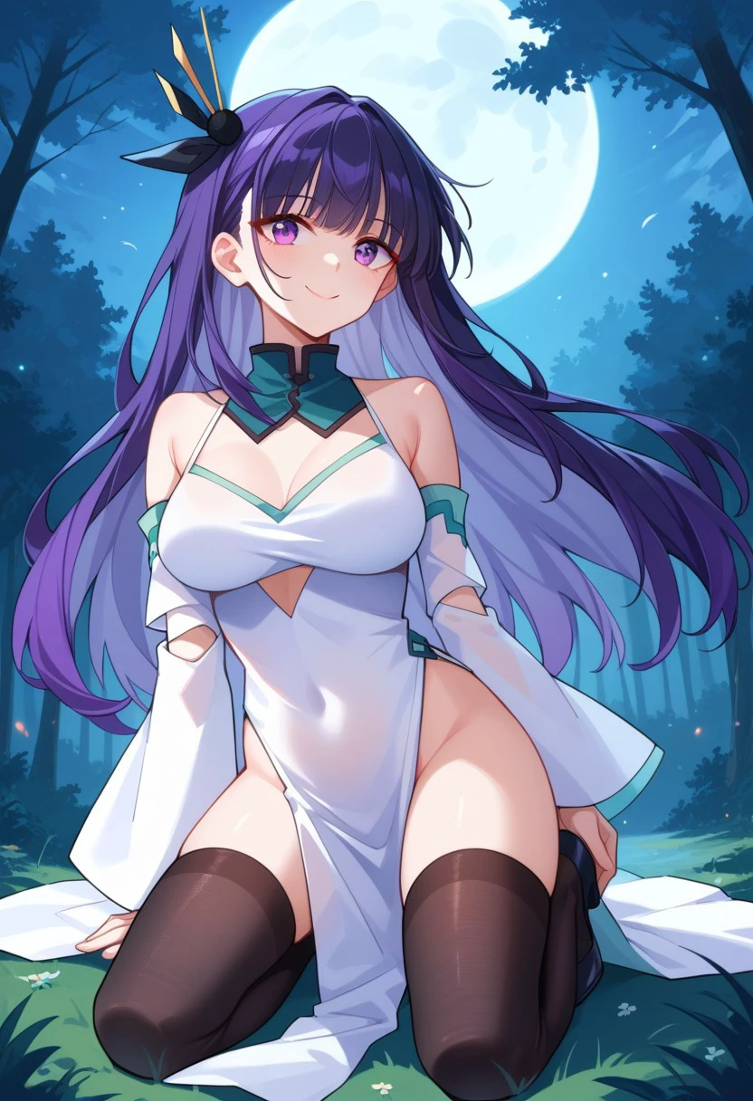 score_9, score_8_up, score_7_up, source_anime, Qianhe, purple eyes, black hair, purple hair, long hair, detached collar, bare shoulders, cleavge，dress, white dress, detached sleeves, wide sleeves, pelvic curtain, thighhighs, black thighhighs, forest, flying hairs, smile, large breasts, kneeling, moon