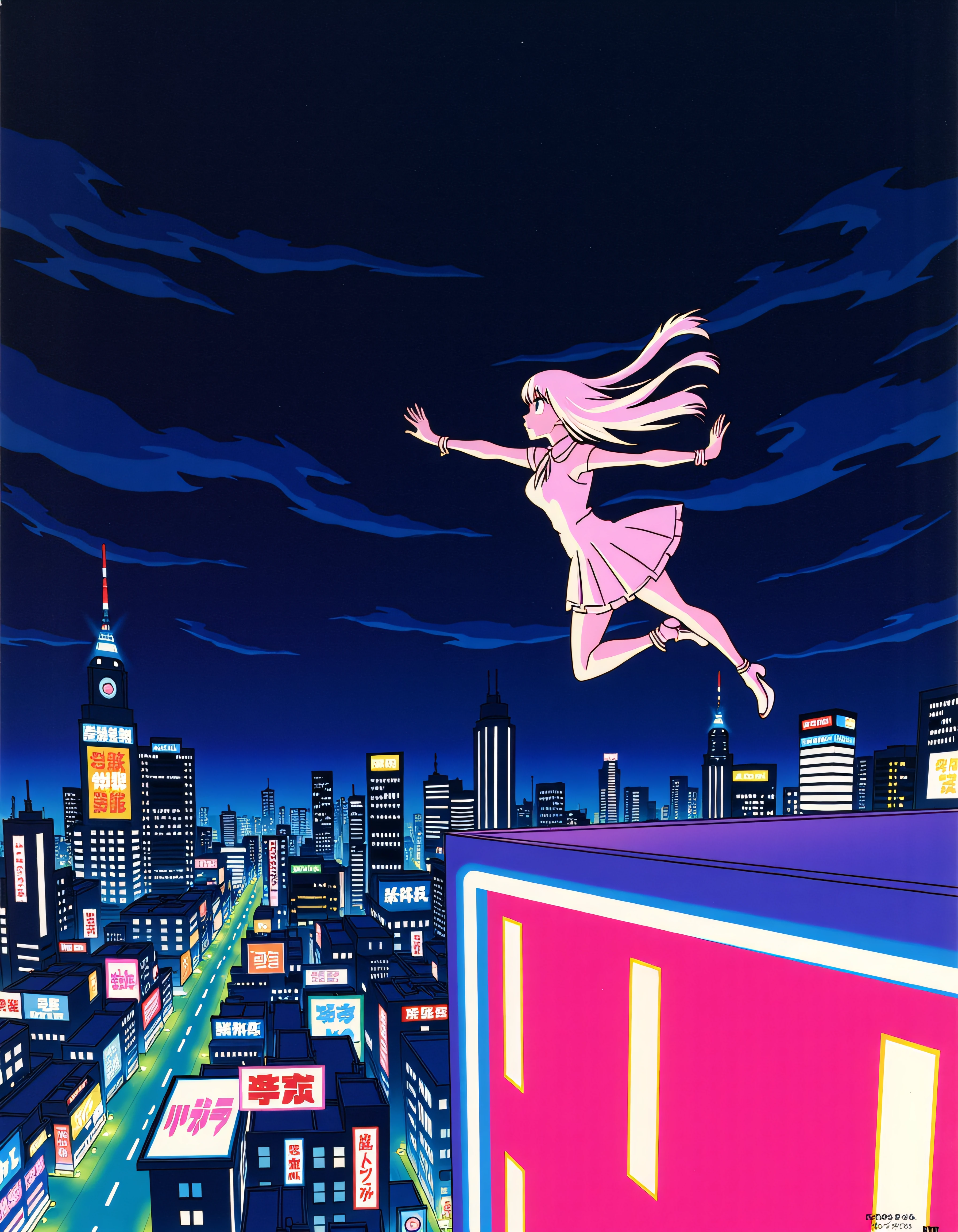 Sushioâs vibrant and exaggerated aesthetics, anime style, A heroine leaping from one neon-lit rooftop to another under a night sky filled with electric city lights, hair streaming behind her as she evades a pursuing figure.  <lora:xlranime-sushio:1.0>