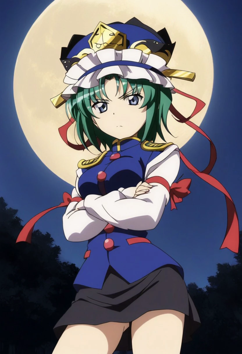 anime coloring, 1girl, solo, Eiki, Shiki Eiki, touhou, frilled hat, short hair, green hair, short hair, blue hat, blue eyes, blue vest, red, long sleeves, black skirt, white shirt, red ribbons, red buttons, standing, bare legs, crossed arms, center, looking at viewer, serious, sakura background, night, night time, moon, epaulettes, blue hat, partically clothed, standing, medium breasts, looking at viewer, closed mouth, source anime, anime screenshot.