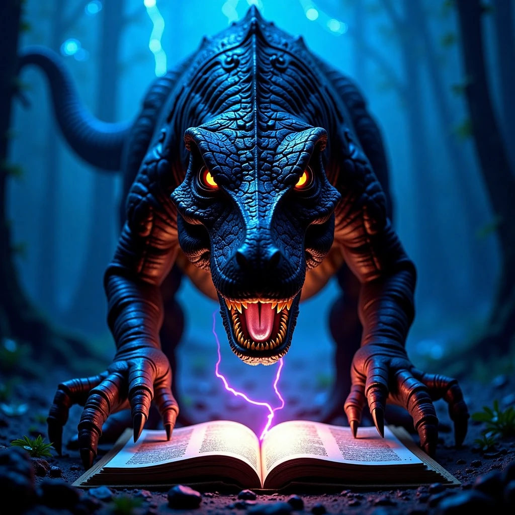 A fearsome t-rex stands over a mystical Dead Note, its scales glistening in a dim, eerie light. The notebook, ancient and dark, lies beneath the t-rex massive claws, emitting a faint supernatural glow that illuminates the creature's intense, menacing gaze. Shadows swirl around the t-rex as it seems drawn to the notebook's sinister power, with lightning illuminating the scene in sharp, haunting flashes of blue and purple. The t-rex eyes gleam with a mysterious hunger, as if sensing the forbidden knowledge contained within the Dead Note. The atmosphere is dark, foreboding, and filled with suspense, blending prehistoric might with supernatural horror.