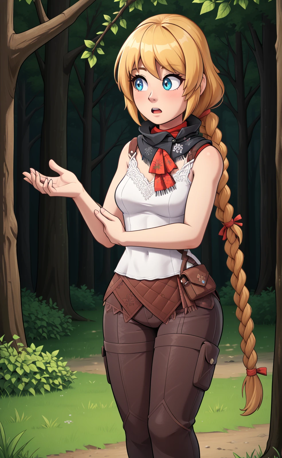 masterpiece,best quality,
(1girl:1.3), midtelamon walking in a forest, blonde hair, long single braid, scarf,  1girl, lacy white tank top, brown pants, cute, attractive, combing hand through hair, looking around, 4K, digital art, 2d, cartoony