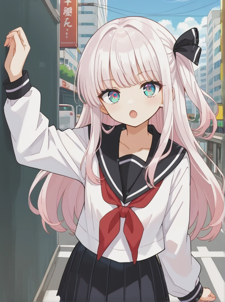 <lora:Saotome_Annin:0.8>, score_9, score_8_up, score_7_up, source_anime, BREAK, multicolored eyes, aqua and light pink colored eyes, white hair, long hair, black hair ribbon, sidetail, Saotome_Annin, white long sleeves sailor uniform, black pleated skirt, sailor collar, red neckerchief, open mouth, standing in city, pantyhose, cowboy shot,