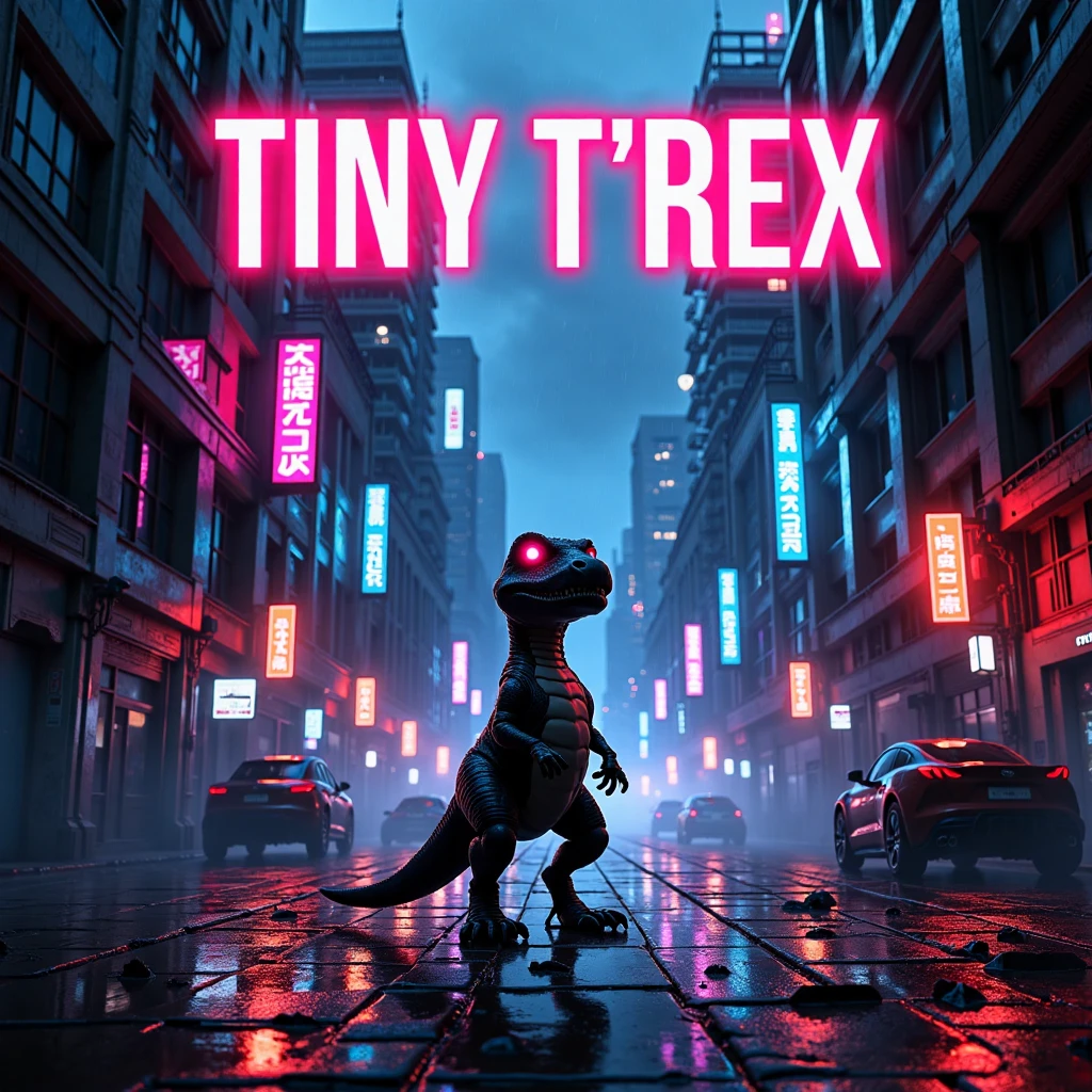 tiny t-rex, futuristic cyberpunk cityscape, neon lights illuminating the rain-soaked streets, dark and gritty atmosphere, towering skyscrapers, high contrast, intense color glow, intricate mechanical details on buildings, tiny t-rex standing heroically in front, film poster layout, cinematic lighting, shadows casting a dramatic look, bold title text \"Tiny T-Rex\" in stylized neon font, directed by djm230x, high resolution, sharp focus