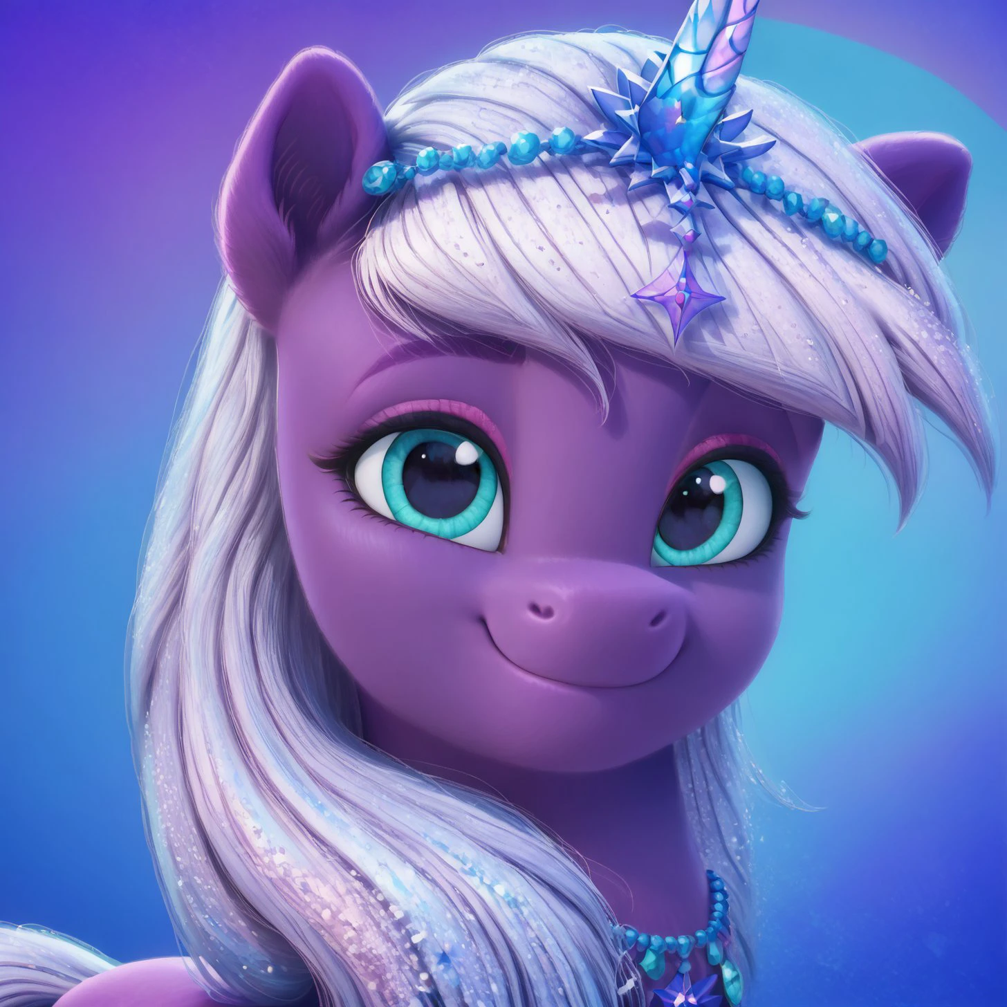 score_9, score_8_up, score_7_up, score_6_up, score_5_up,with beautiful, detailed, (detailed cute pony face), detailed eyes, detailed fur, beautiful, vector, flat colors, (abstract background: 1.8), (looking at you, looking at viewer: 1.5), cute smile, happy, ((close-up)),   <lora:Violet frost:1>Violet frost
<lora:Wholesome_MLP-v1.2:1>  <lora:3D_Animation_Diffusion_Pony_style:1>