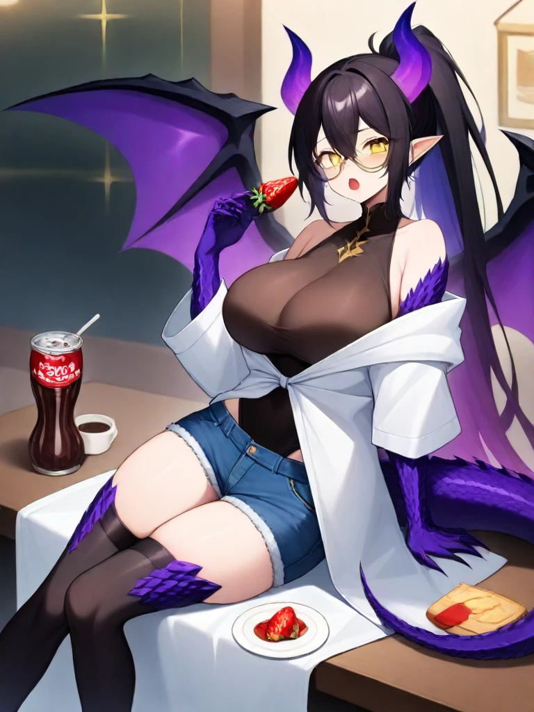 1girl,solo,sit, eat on strawberry,hands cola,
break,
 <lora:Futtora's_Crystal_Dragon_Girl_MS_Dowlin:1>fc_Dowlin,  dragon horns, dragon skin, breasts, tail, wings, yellow eyes, shorts, thighhighs, dragon tail, large breasts, dragon girl, claws, ponytail, dragon wings, long hair, pointy ears,  black thighhighs, dragon horns, black hair,  purple hair,short shorts, bare shoulders, off shoulder, denim, denim shorts, very long hair, multicolored hair,  scales, hair between eyes,Golden frame glasses,black leotard,white robe
in a  cafe,
masterpiece, best quality, amazing quality, very aesthetic, absurdres, highres, newest