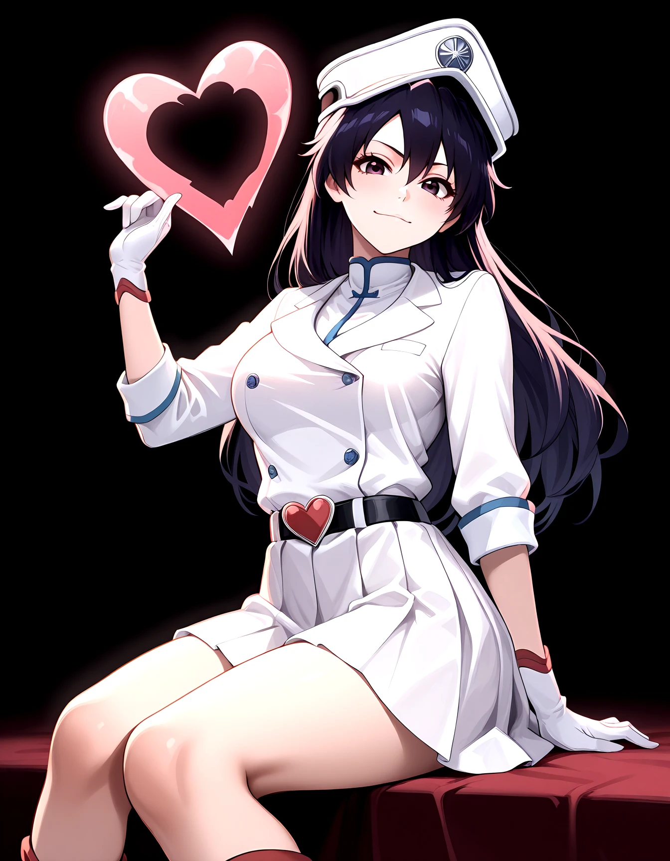 <lora:Bambietta_Basterbine_Illustrious:1>solid black background,
bambietta_basterbine, black hair, long hair, hair between eyes,
white peaked cap, white gloves, white jacket, white skirt, black belt, heart belt buckle, white boots, pink clothing accents,
sitting, looking at viewer