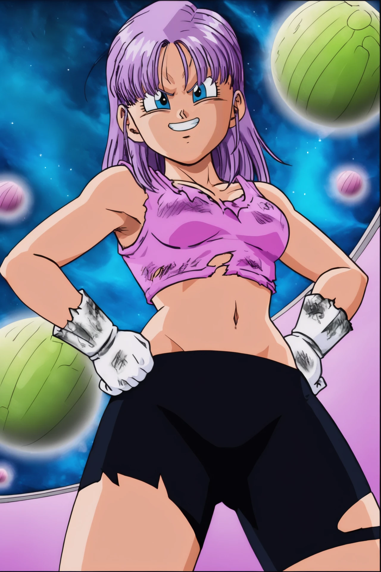 source_anime, score_9, score_8_up, score_7_up, anime screencap,8k, absurd res,
bra \(dragon ball\), 1girl, solo, breasts, looking at viewer, smile, blue eyes, white gloves, navel, purple hair, hair down, midriff, grin, purple crop top, torn clothes, tank top, hands on hips, purple shirt, cowboy shot, from below, space, planet, torn bike shorts
 <lora:bra_pony_v1:0.8>